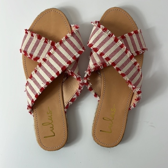 Lulus Sandals Espadrilles Flats  Fringed Canvas Striped Straps Red Women 10 - Picture 4 of 12